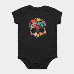 Mexican Embroidery Style Skull Design from Oaxaca, México (Black Background) Baby Bodysuit